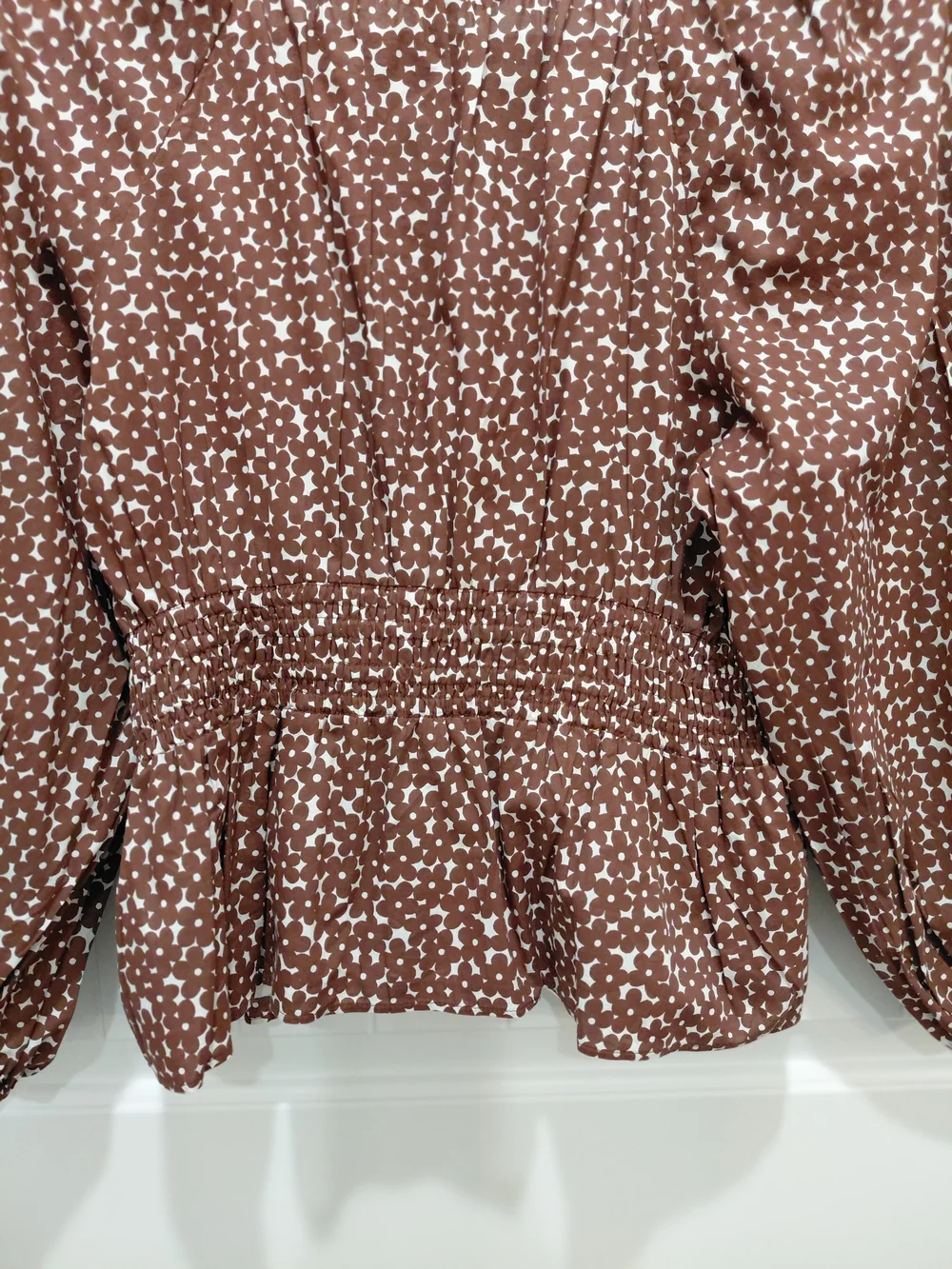 J. Crew Brown and White Printed Smocked Peasant Blouse #0958